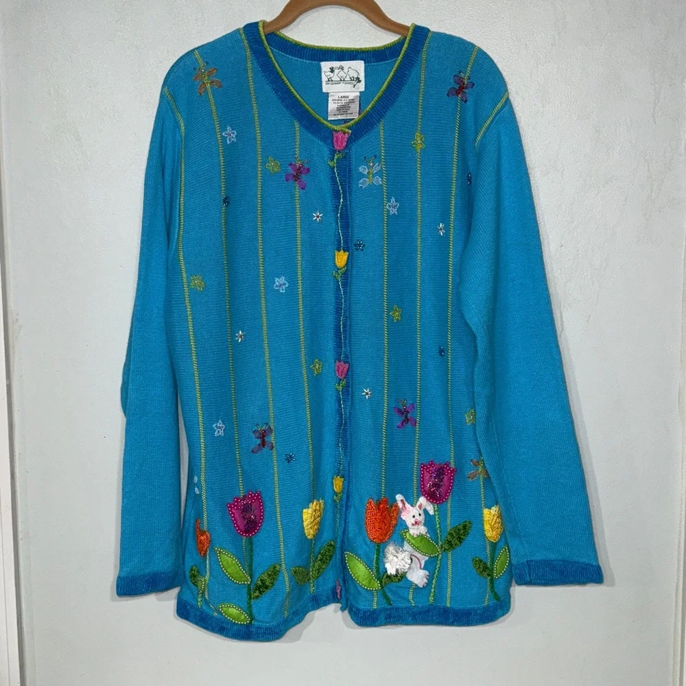 Vintage The Quaker Factory Blue Hand Embroidered Beaded Flowers Bunny Cardigan L - Picture 3 of 16